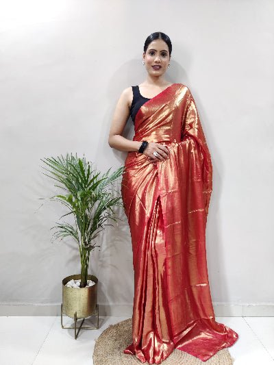 1 Min Red Shimmer Satin Silk Stitched Readymade Saree+ Blouse - BONYHUBSAREE