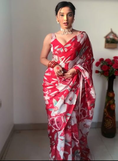 1 Min Red Soft Georgette Printed Floral Stitched Readymade Saree - BONYHUBSAREE