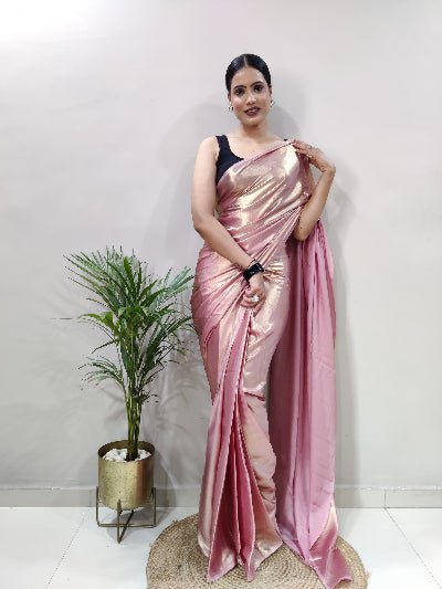 1 Min Rose Gold Shimmer Satin Silk Stitched Readymade Saree+ Blouse - BONYHUBSAREE