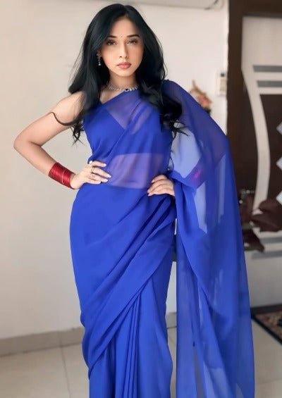 1 Min Royal Blue Soft Georgette Stitched Readymade Saree - BONYHUBSAREE