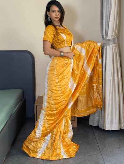 1 Min Saree Ready to Wear Mango Chanderi Silk Sari - BONYHUBSAREE