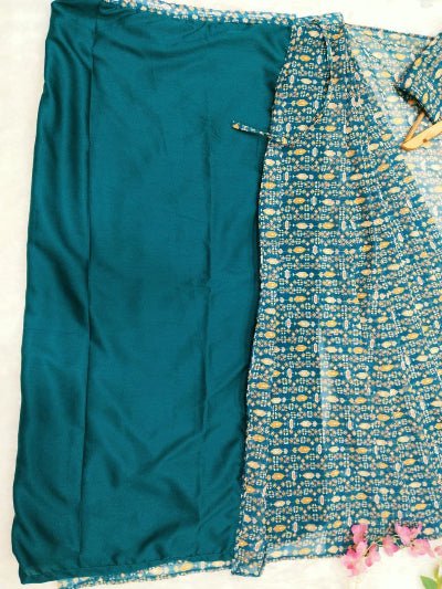 1 Min Teal Green Printed Georgette Stitched Readymade Saree - BONYHUBSAREE