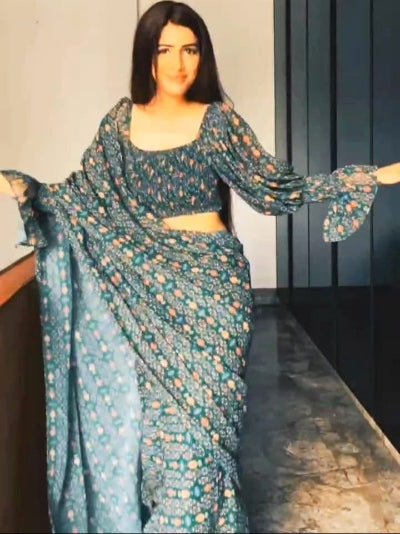 1 Min Teal Green Printed Georgette Stitched Readymade Saree - BONYHUBSAREE