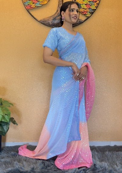 1 Min Unicorn Sequins Georgette Stitched Readymade Saree - BONYHUBSAREE