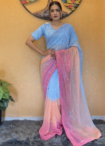 1 Min Unicorn Sequins Georgette Stitched Readymade Saree - BONYHUBSAREE