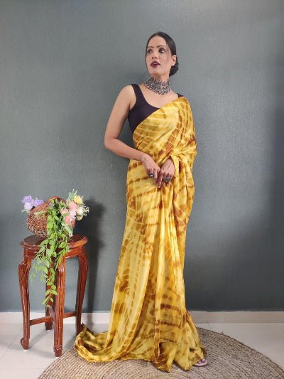 1 Min Yellow Shibori Print Ready To Wear Saree - BONYHUBSAREE