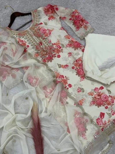 Designer Floral Pure Kundan Organza Mirror Work Salwar Suit - BONYHUBSALWAR KAMEEZ