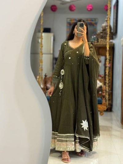 Dark Olive Green Mirror Work Cotton Embroidery Anarkali Suit Set - BONYHUBSALWAR KAMEEZ