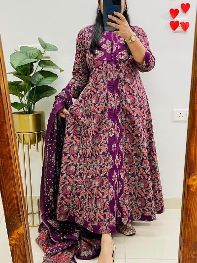Purple Cotton Printed Handwork Anarkali Suit - BONYHUBSALWAR KAMEEZ