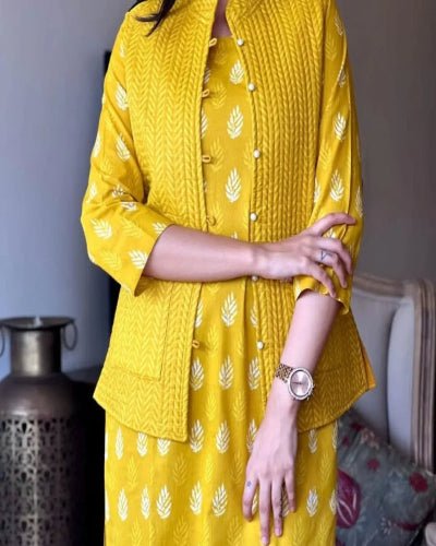 Yellow Cotton Kurti Pant With Quilted Warm Jacket - BONYHUBSALWAR KAMEEZ