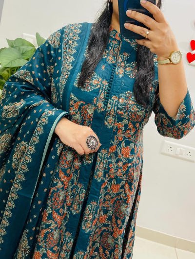 Blue Cotton Printed Handwork Anarkali Suit - BONYHUBSALWAR KAMEEZ