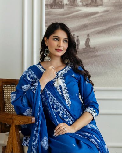 Blue Pure Cotton Embroidered Yoke Straight Suit Set - BONYHUBSALWAR KAMEEZ