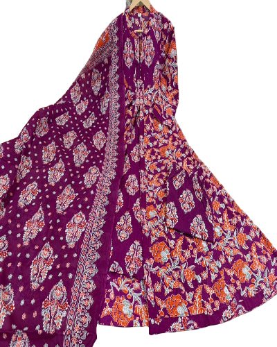 Purple Cotton Printed Handwork Anarkali Suit - BONYHUBSALWAR KAMEEZ