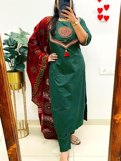 Bottle Green Cotton Handwork Salwar Suit With Red Dupatta - BONYHUBSALWAR KAMEEZ