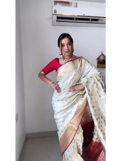 Cream Red 1 Minute Banarasi Saree Ready to Wear Sari UK Next Day - BONYHUBSAREE