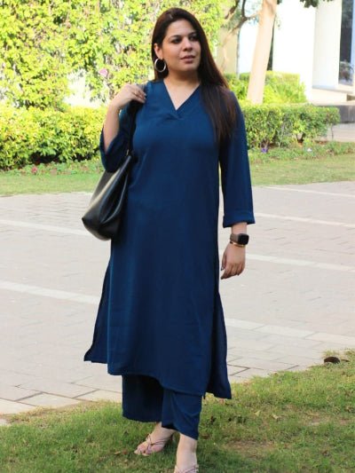 Peacock Blue Plain Cotton Kurti Pant Set Of 2 - BONYHUBSALWAR KAMEEZ
