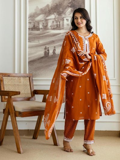 Rust Brown Pure Cotton Embroidered Yoke Straight Suit Set - BONYHUBSALWAR KAMEEZ