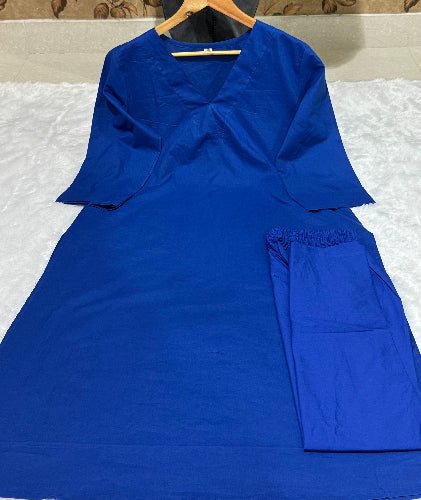 Peacock Blue Plain Cotton Kurti Pant Set Of 2 - BONYHUBSALWAR KAMEEZ
