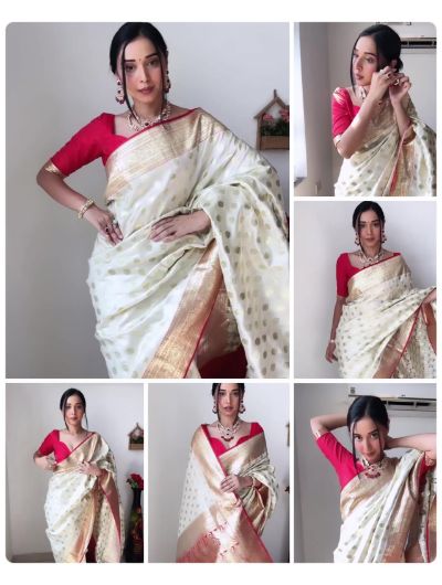 Cream Red 1 Minute Banarasi Saree Ready to Wear Sari UK Next Day - BONYHUBSAREE