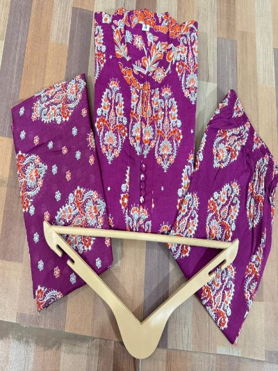 Purple Cotton Printed Handwork Anarkali Suit - BONYHUBSALWAR KAMEEZ
