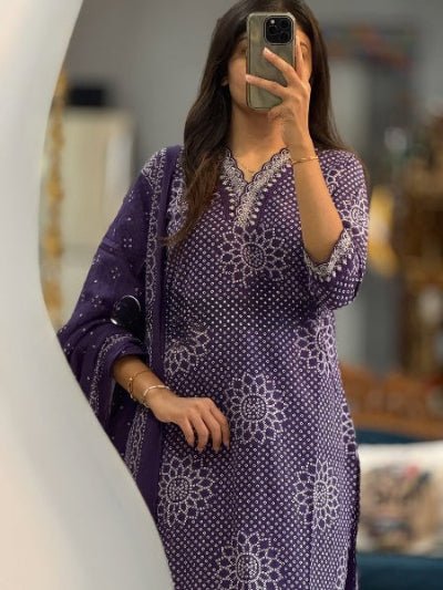 Beautiful Purple Embroidery Pure Cotton Straight Suit - BONYHUBSALWAR KAMEEZ