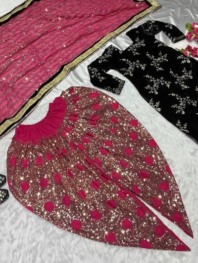 Pink & Black Velvet Embroidery Sequins Patiyala Suit - BONYHUBSALWAR KAMEEZ