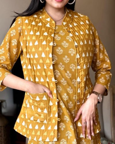 Mustard Yellow Cotton Kurti Pant With Quilted Warm Jacket - BONYHUBSALWAR KAMEEZ