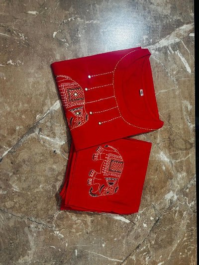 Red Jaipuri Handblock Print Cotton Kurti Pant Set Of 2 - BONYHUBSALWAR KAMEEZ