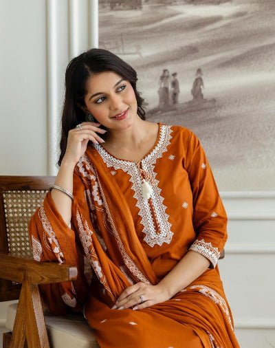 Rust Brown Pure Cotton Embroidered Yoke Straight Suit Set - BONYHUBSALWAR KAMEEZ