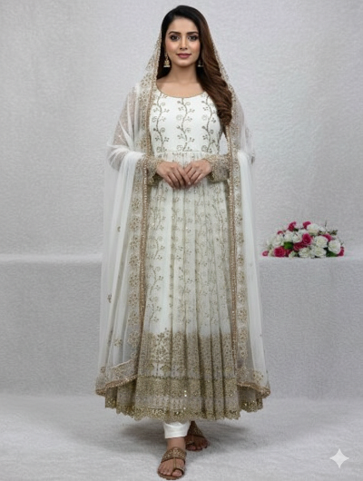 white and gold anarkali dress White with Gold Enchanted Embroidered Anarkali Palazzo Set – Suvidha Fashion main image 0