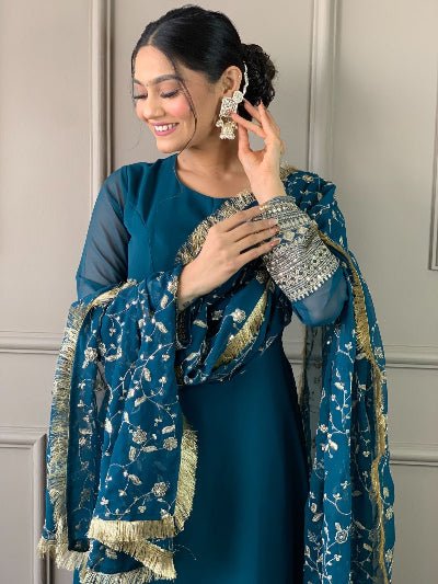 Teal Blue Georgette Plain Anarkali Suit With Embroidered Dupatta - BONYHUBSALWAR KAMEEZ