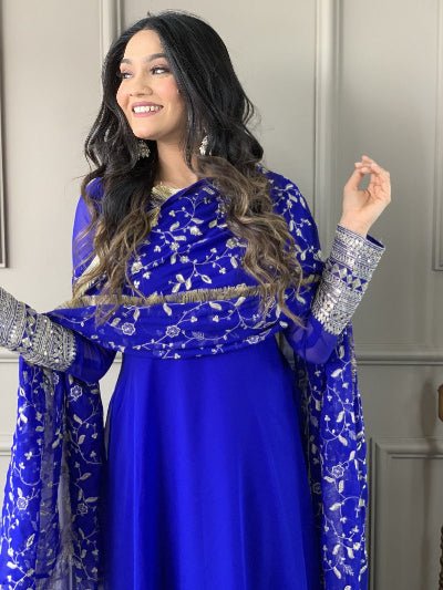 Electric Blue Georgette Plain Anarkali Suit With Embroidered Dupatta - BONYHUBSALWAR KAMEEZ