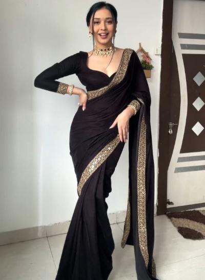 1 Min Black Velvet Stitched Readymade Saree with Blouse Piece - BONYHUBSAREE