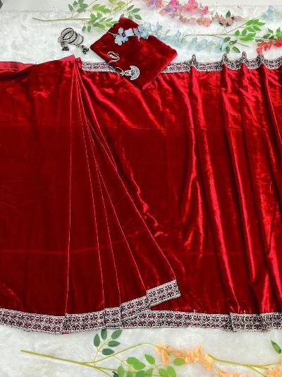 1 Min Red Velvet Stitched Ready to Wear Saree with Blouse Piece - BONYHUBSAREE