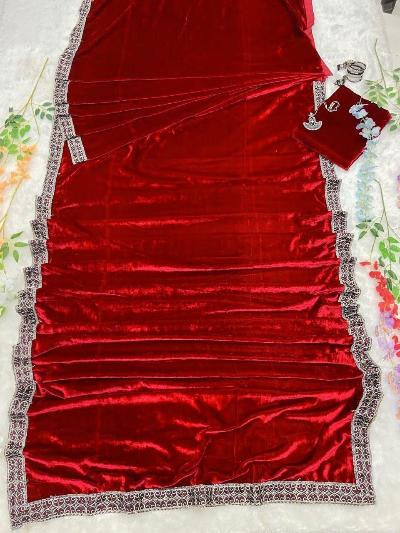 1 Min Red Velvet Stitched Ready to Wear Saree with Blouse Piece - BONYHUBSAREE