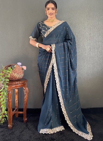 1 Min Teal Georgette Lace Swarovski work Stitched Readymade Saree - BONYHUBSAREE
