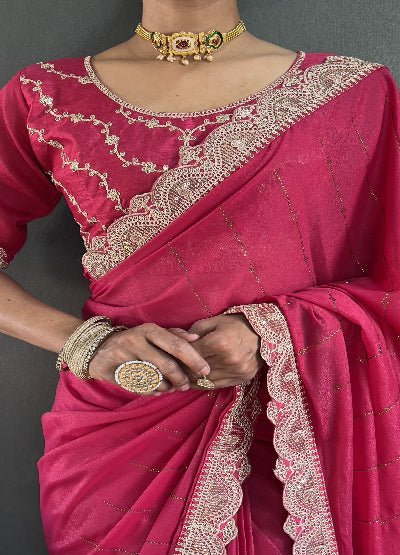 1 Min Rani Pink Georgette Lace Swarovski work Stitched Readymade Saree - BONYHUBSAREE