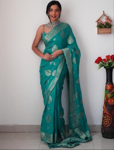 1 Min Teal Green Cotton Silk Zari Ready To Wear Saree - BONYHUBSAREE