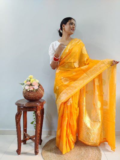 1 Min Yellow Cotton Silk Zari Ready To Wear Saree UK Next Day - BONYHUBSAREE