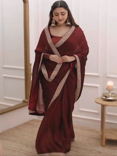 1 Min Maroon Silk Readymade Saree Stitched Blouse UK Next Day - BONYHUBSAREE