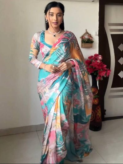 1 Min Blue Tropical Print Ready To Wear Saree - BONYHUBSAREE