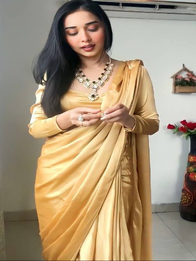 1 Min Gold Satin Silk Ready To Wear Saree UK Next DAY - BONYHUBSAREE