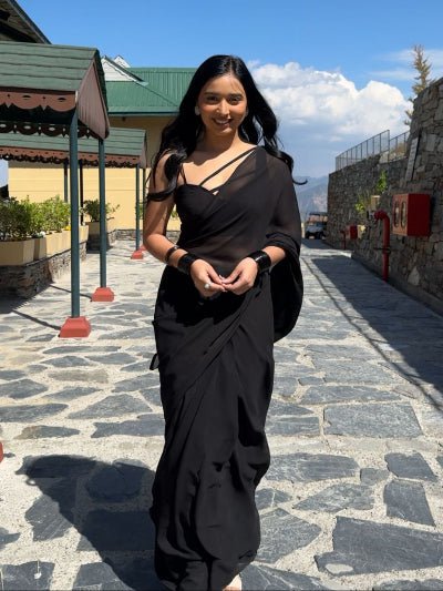 1 Min Black Georgette Stitched Readymade Saree UK Next Day - BONYHUBSAREE