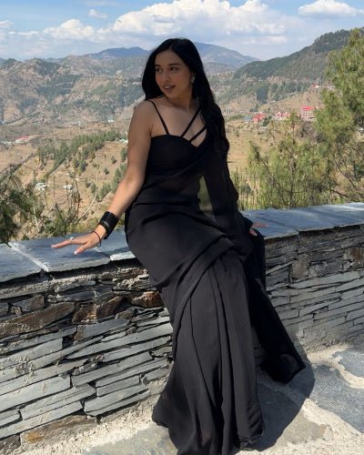 1 Min Black Georgette Stitched Readymade Saree UK Next Day - BONYHUBSAREE