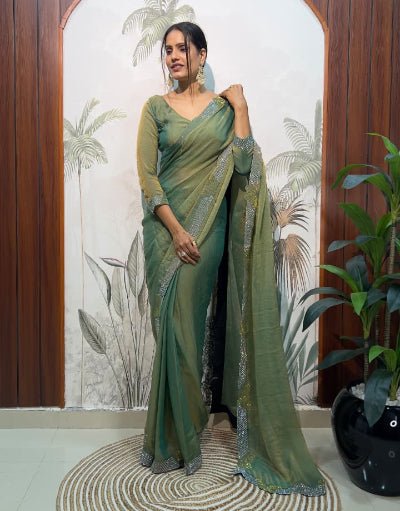 1 Min Green Moss Silk Readymade Saree With FREE Blouse - BONYHUBSAREE