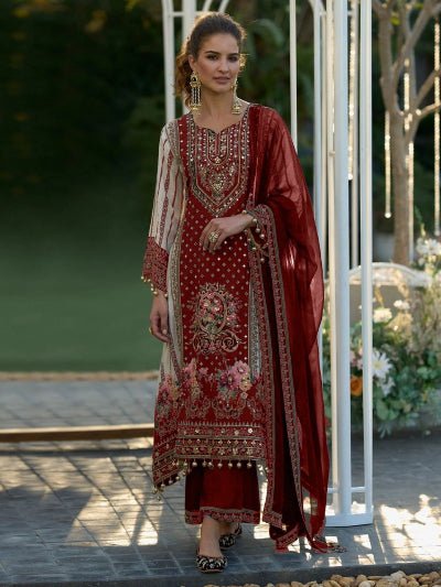 Red Embroidery Mirror Work Designer Suit Set - BONYHUBSALWAR KAMEEZ