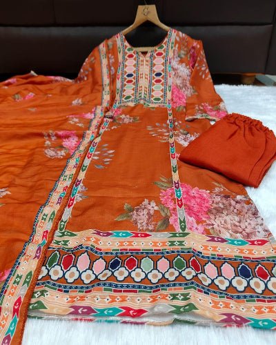 Plus Size Orange Maslin Floral Print Straight Suit Set - BONYHUBSALWAR KAMEEZ