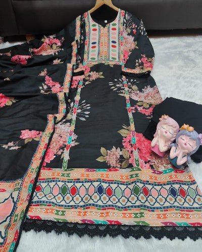 Plus Size Black Maslin Floral Print Straight Suit Set - BONYHUBSALWAR KAMEEZ