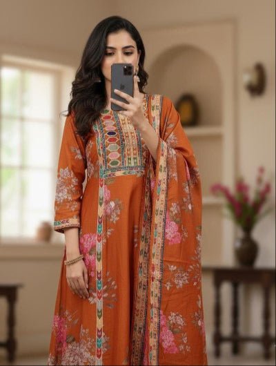 Plus Size Orange Maslin Floral Print Straight Suit Set - BONYHUBSALWAR KAMEEZ