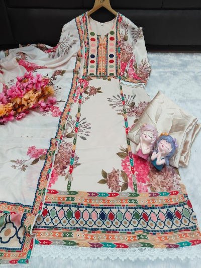 Plus Size White Maslin Floral Print Straight Suit Set - BONYHUBSALWAR KAMEEZ
